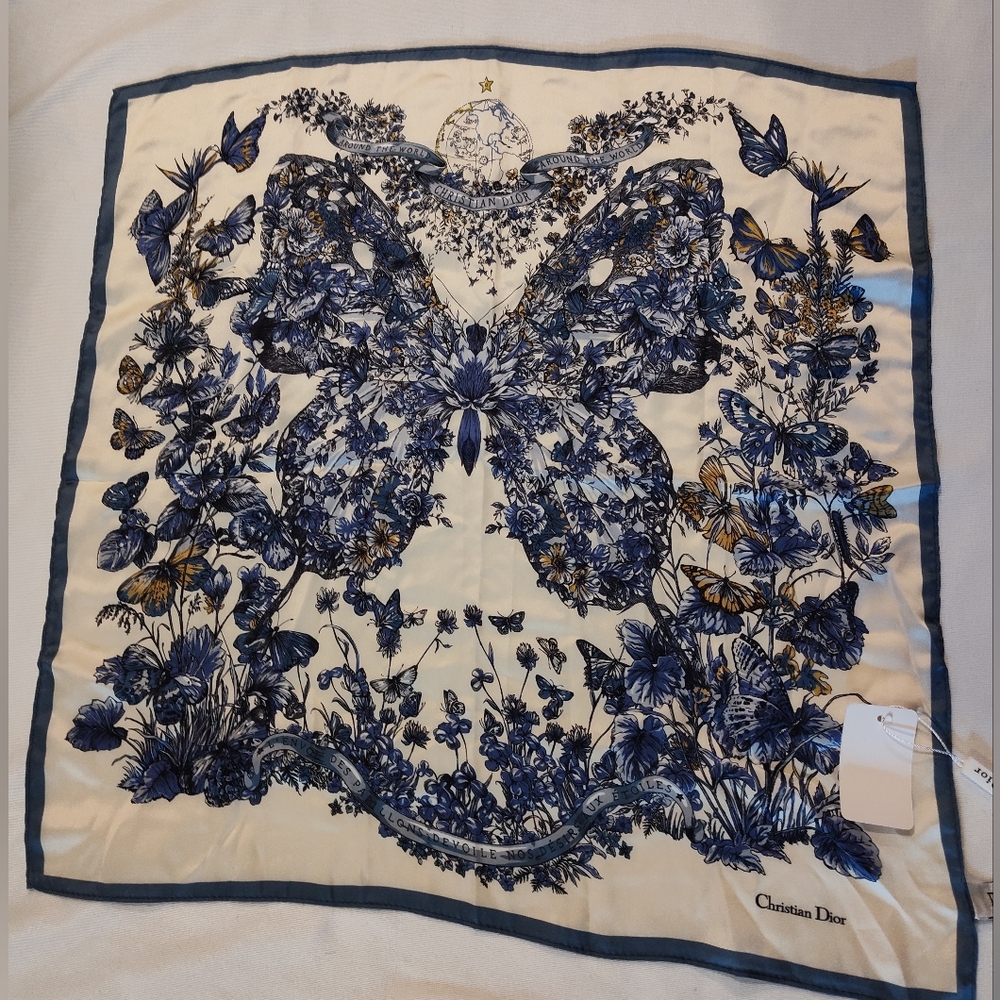 Christian Dior GWP Silk Scarf Blue Butterfly Floral Around the World Italy NWT